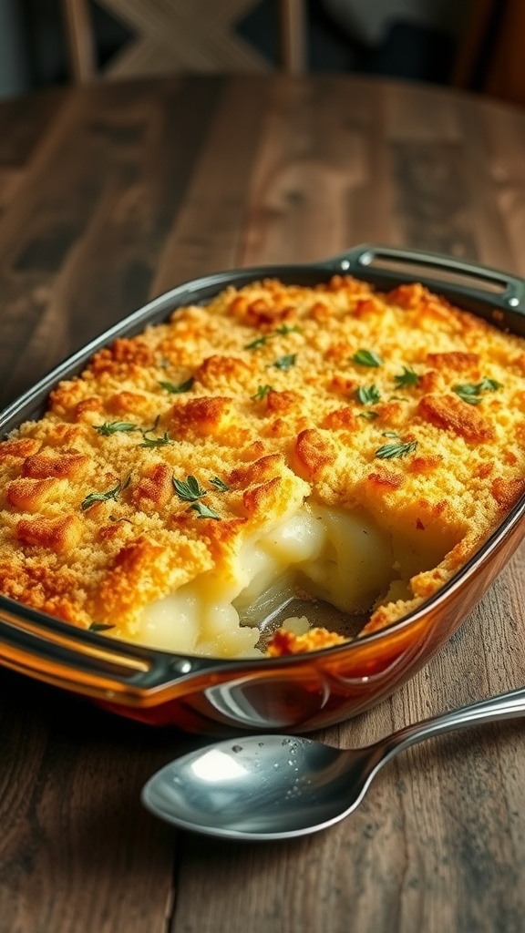 A delicious potato casserole with a crispy breadcrumb topping, layered with cheese and creamy potatoes.